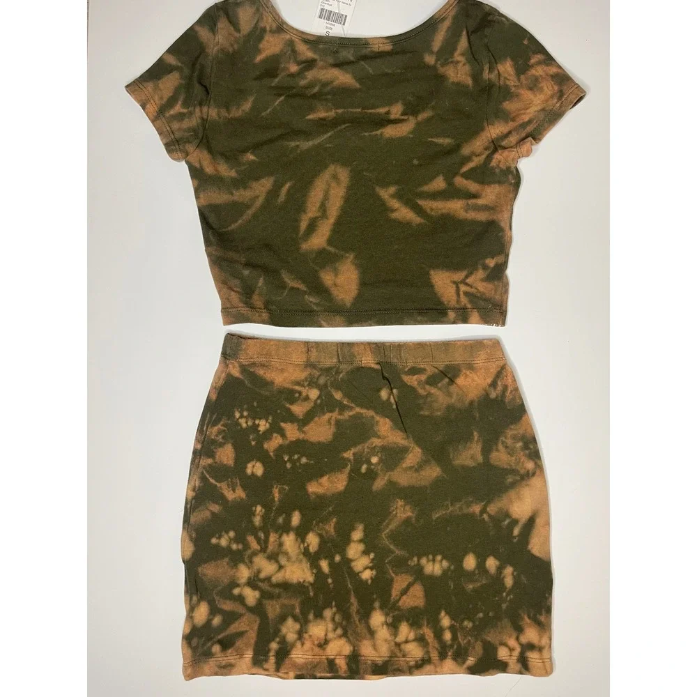 Fashion Nova Tie Dye Thug Life 2 Piece Set Crop Top Mini Skirt Olive Green S